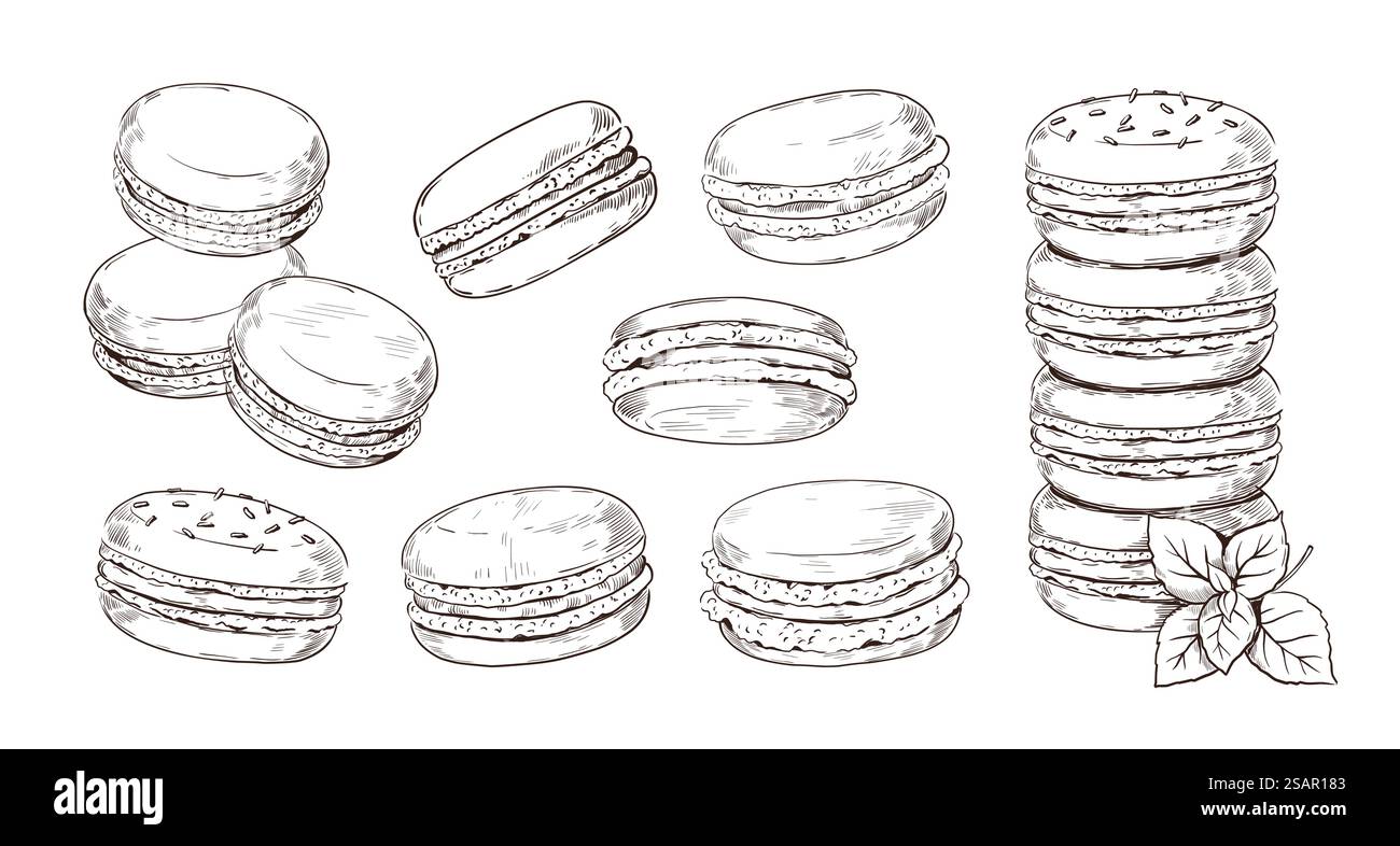 Hand drawn macaron. French biscuit dessert of almond flour. Vintage ...