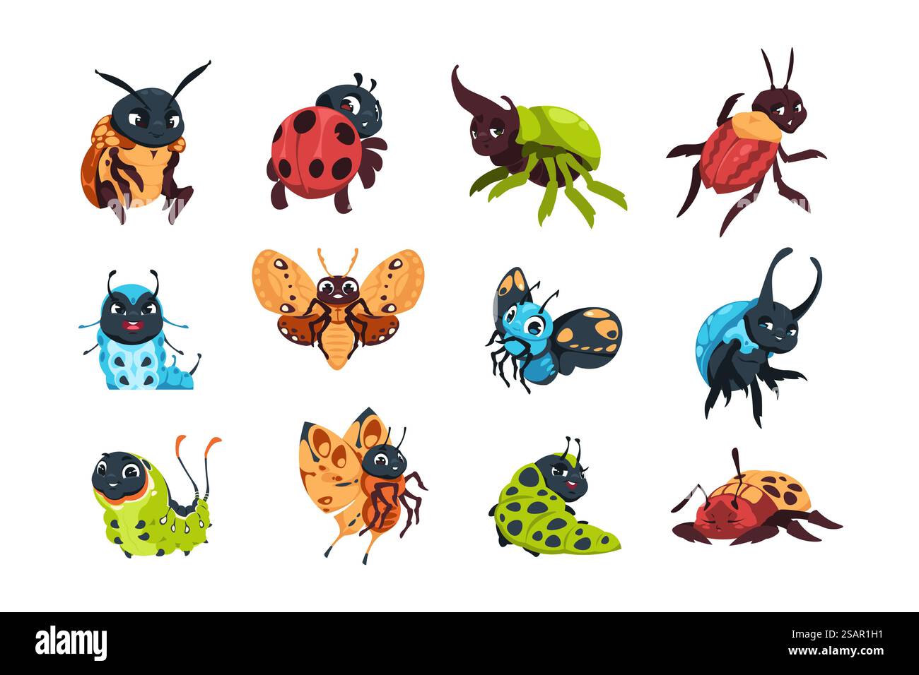 Cartoon bugs. Cute happy ladybug caterpillar and butterfly with funny face emotions. Insect baby characters poses. Cheerful dynastinae beetle and moth. Vector isolated flying and crawling animals set. Cartoon bugs. Cute happy ladybug caterpillar and butterfly with funny face emotions. Insect characters poses. Cheerful dynastinae beetle and moth. Vector flying and crawling animals set Stock Vector