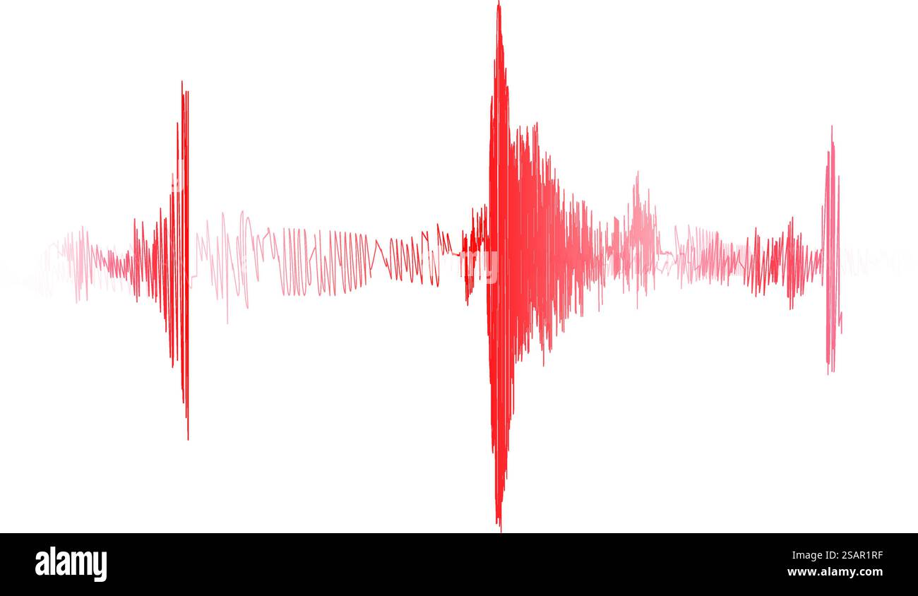 Red seismogram of seismic activity or lie detector red record. Earthquake or audio wave diagram background. Ground motion, volcano eruption. Polygraph or seismograph chart. Vector illustration. Red seismogram of seismic activity or lie detector record Stock Vector