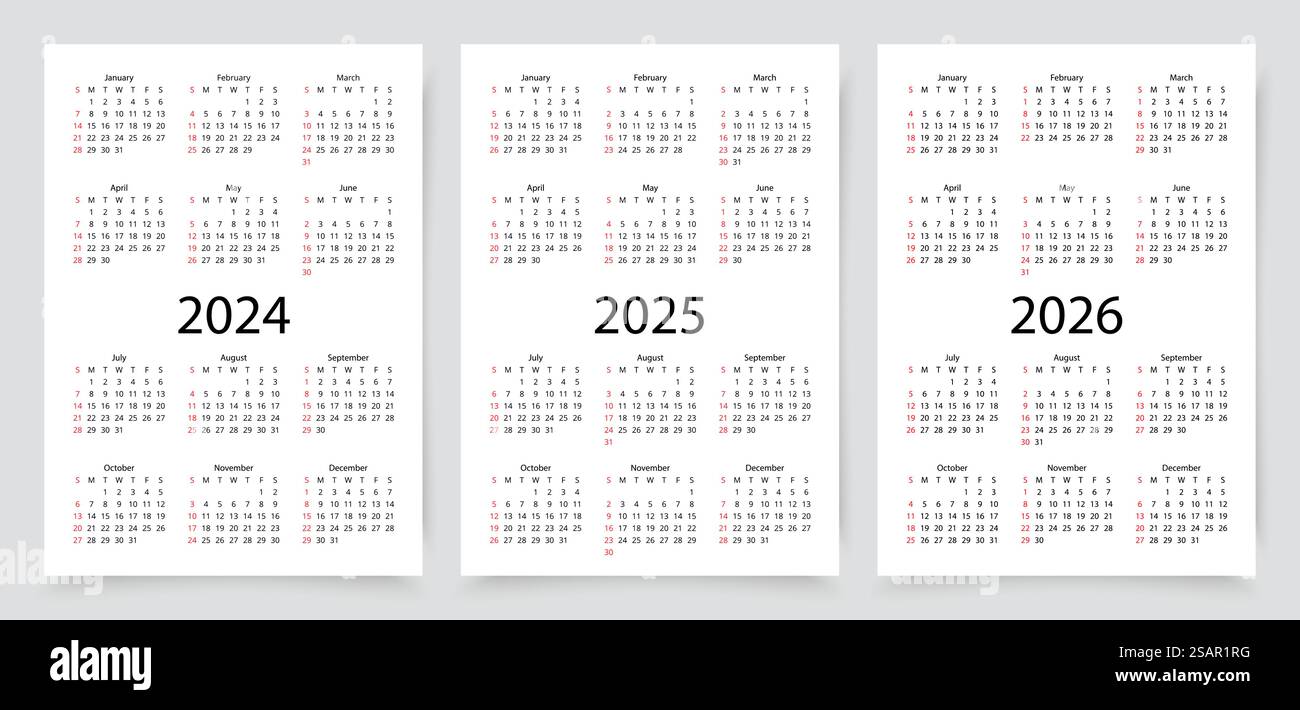 2024, 2025, 2026 calendar. Pocket calender layout. Week starts Sunday