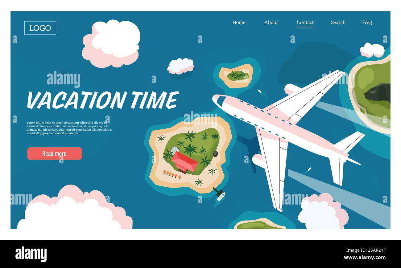 Aerial view travel landing. Cartoon plane and aircraft flying above sea, ocean and beach, tourist flight vector concept. Illustration of travel aircraft poster top view. Aerial view travel landing. Cartoon plane and aircraft flying above sea, ocean and beach, tourist flight vector concept Stock Vector