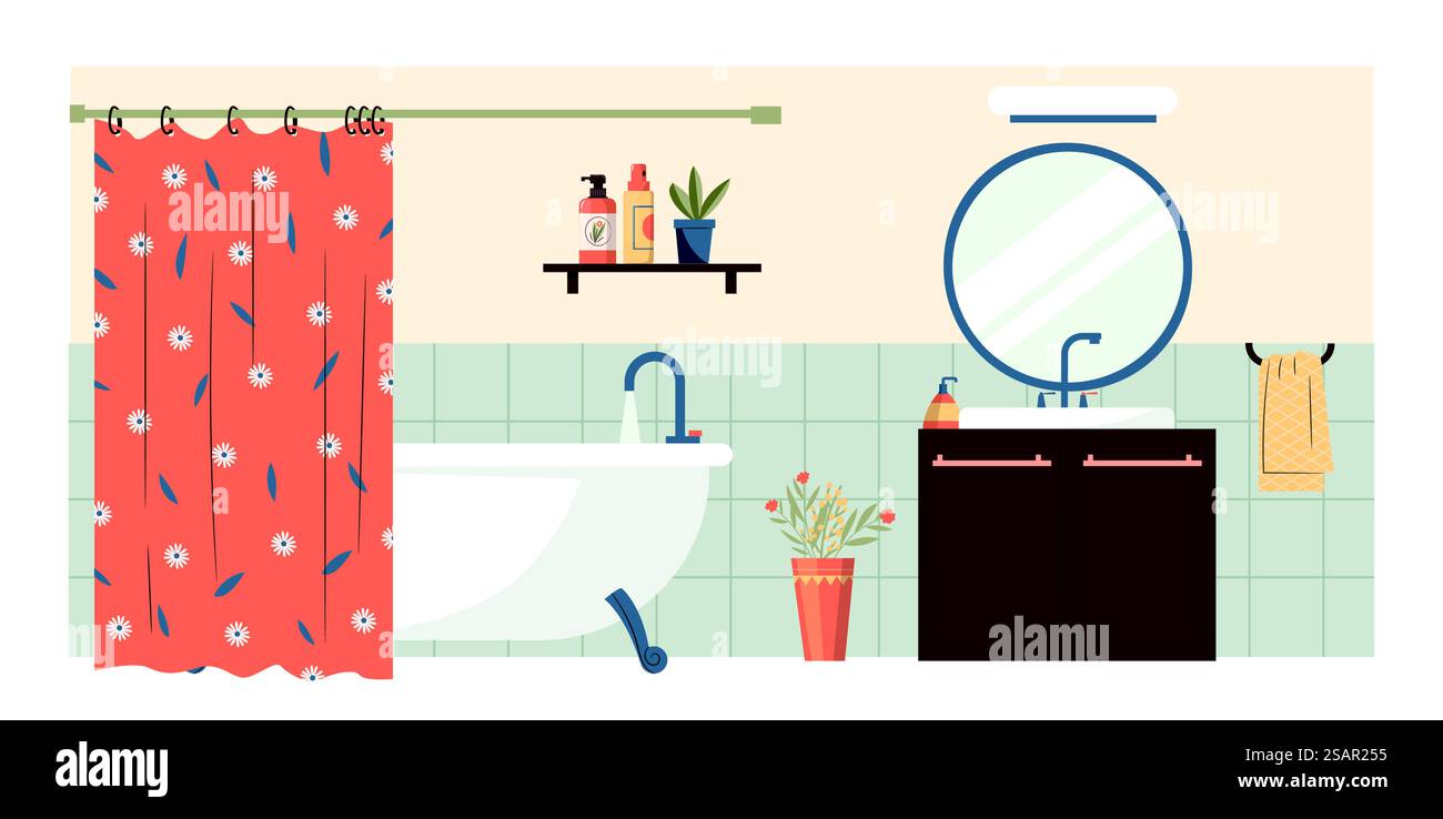 Cartoon bathroom interior with mirror and bath. Vector of cartoon home ...