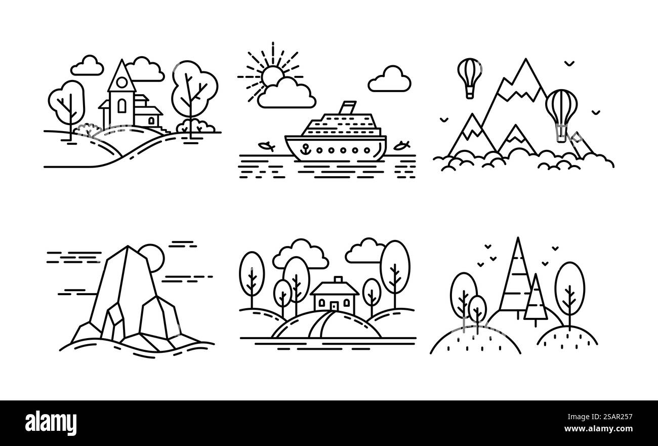 Line icon landscape, forest and mountain, village and sea. Vector of ...