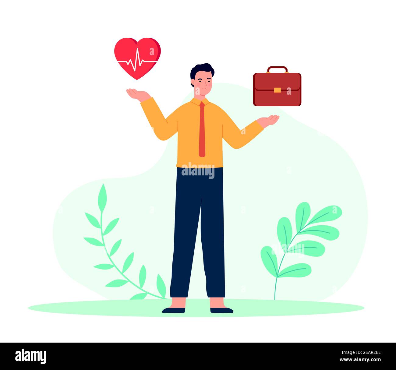 Work and health balance concept. Male character holding heart and ...