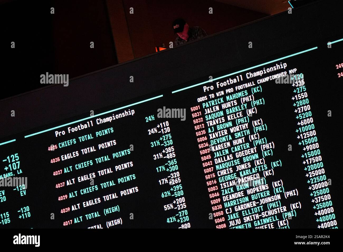 Betting odds for Super Bowl LIX are displayed on monitors at the Circa