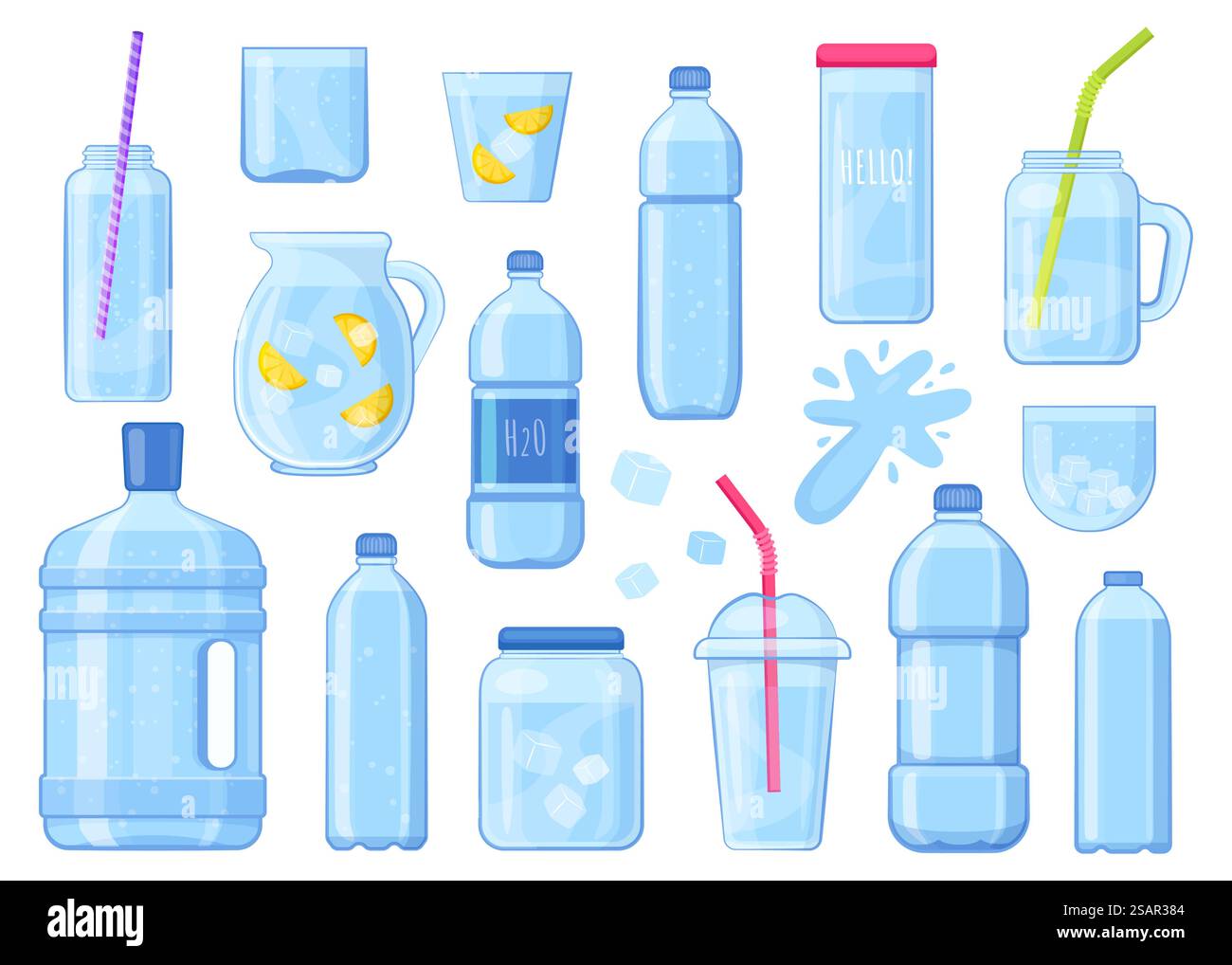 Cartoon water package set. Glass bottles and plastic containers with ...