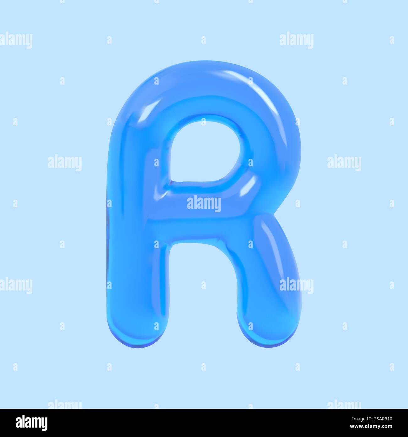 3d rendering azure balloon letter R made of water isolated on baby blue ...