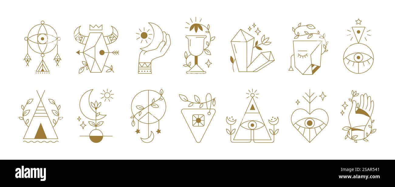 Mystical symbols. Boho ethnic and alchemic icons. Spiritual outline signs with human eyes or hands. Collection of decorative isolated abstract elements, esoteric contour tattoo design. Vector flat set. Mystical symbols. Boho ethnic and alchemic icons. Spiritual outline signs with human eyes or hands. Collection of decorative abstract elements, esoteric tattoo design, vector contour set Stock Vector