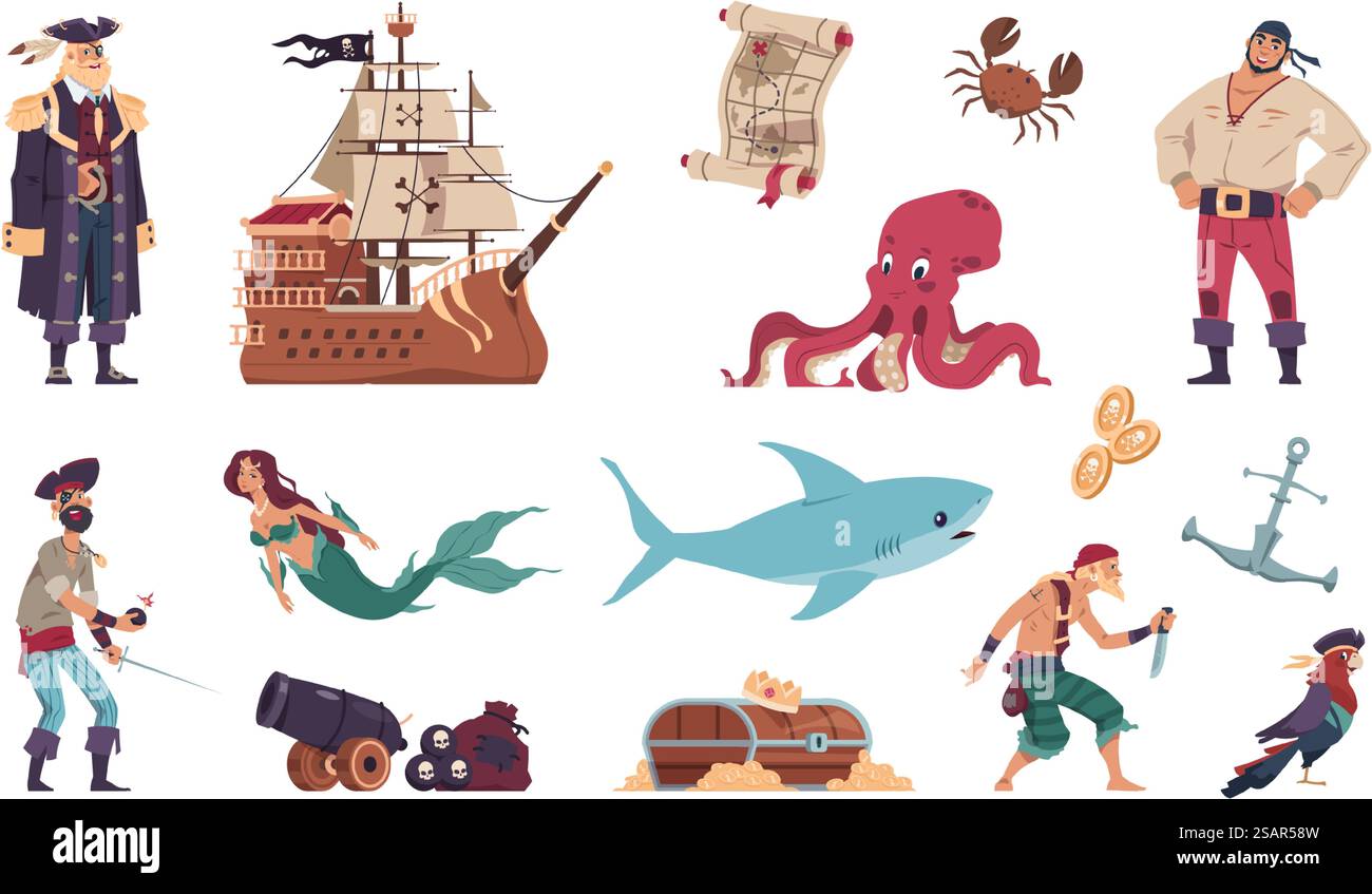 Pirates set. Cartoon crew of filibusters and captain on sailing wooden ...