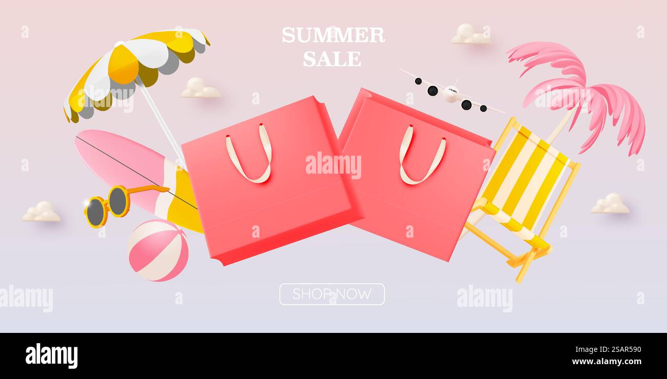 Shopping bag for summer sale banner in 3d art style and beach ...