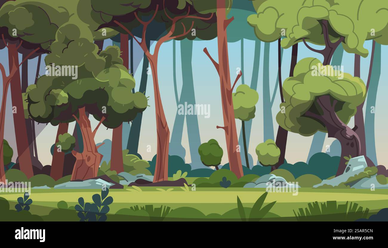 Forest landscape. Cartoon dense wood with green foliage and strong tree trunks. Scenic grassy meadow with stones illuminated by sun&rsquo;s rays. Panoramic natural scape background. Vector wild flora. Forest landscape. Cartoon wood with green foliage and strong tree trunks. Grassy meadow with stones illuminated by sun&rsquo;s rays. Panoramic natural scape background. Vector wild flora Stock Vector