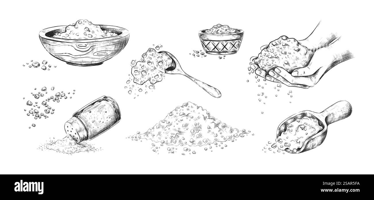 Sea salt sketch. Hand drawn seasoning in wooden bowls or glass saltcellar. Scoop and spoon full of sodium crystals. Black and white salty spices heaps. Vector cooking ingredient for food conservation. Sea salt sketch. Hand drawn seasoning in wooden bowls or glass saltcellar. Scoop and spoon full of crystals. Black and white salty spices. Vector cooking ingredient for food conservation Stock Vector