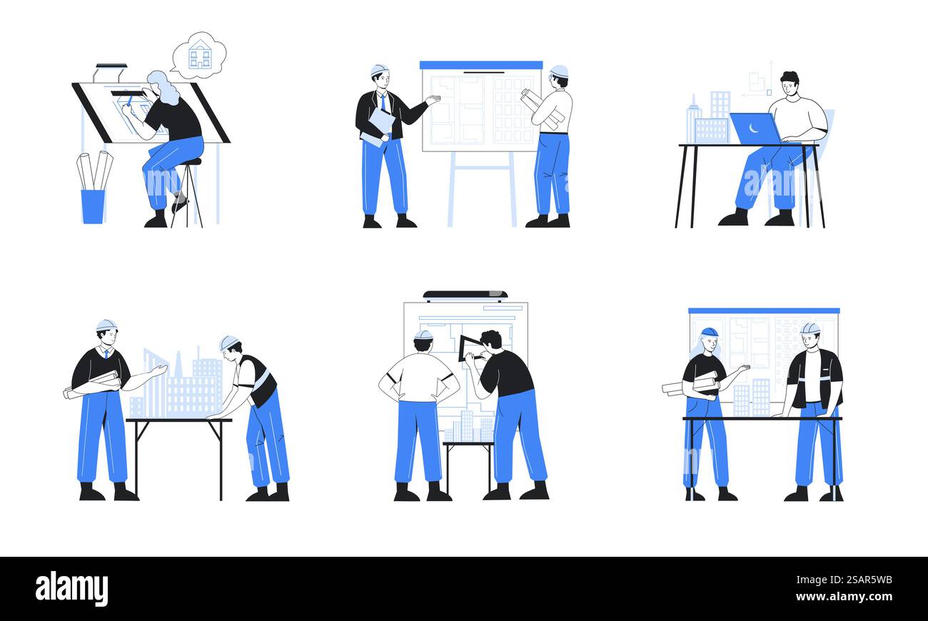 Architect engineer. Construction worker with builders and contractors work on building plan. Cartoon men or women making architectural drawings and models. Vector professional engineering occupation. Architect engineer. Construction worker with builders and contractors work on building plan. People making architectural drawings and models. Vector professional engineering occupation Stock Vector