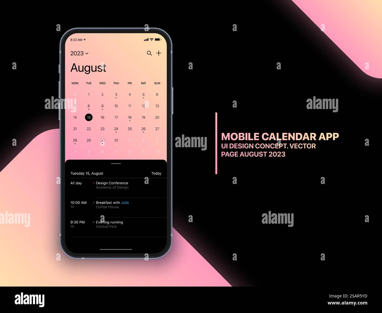 Mobile App Calendar August 2023 Page with To Do List and Tasks Vector ...