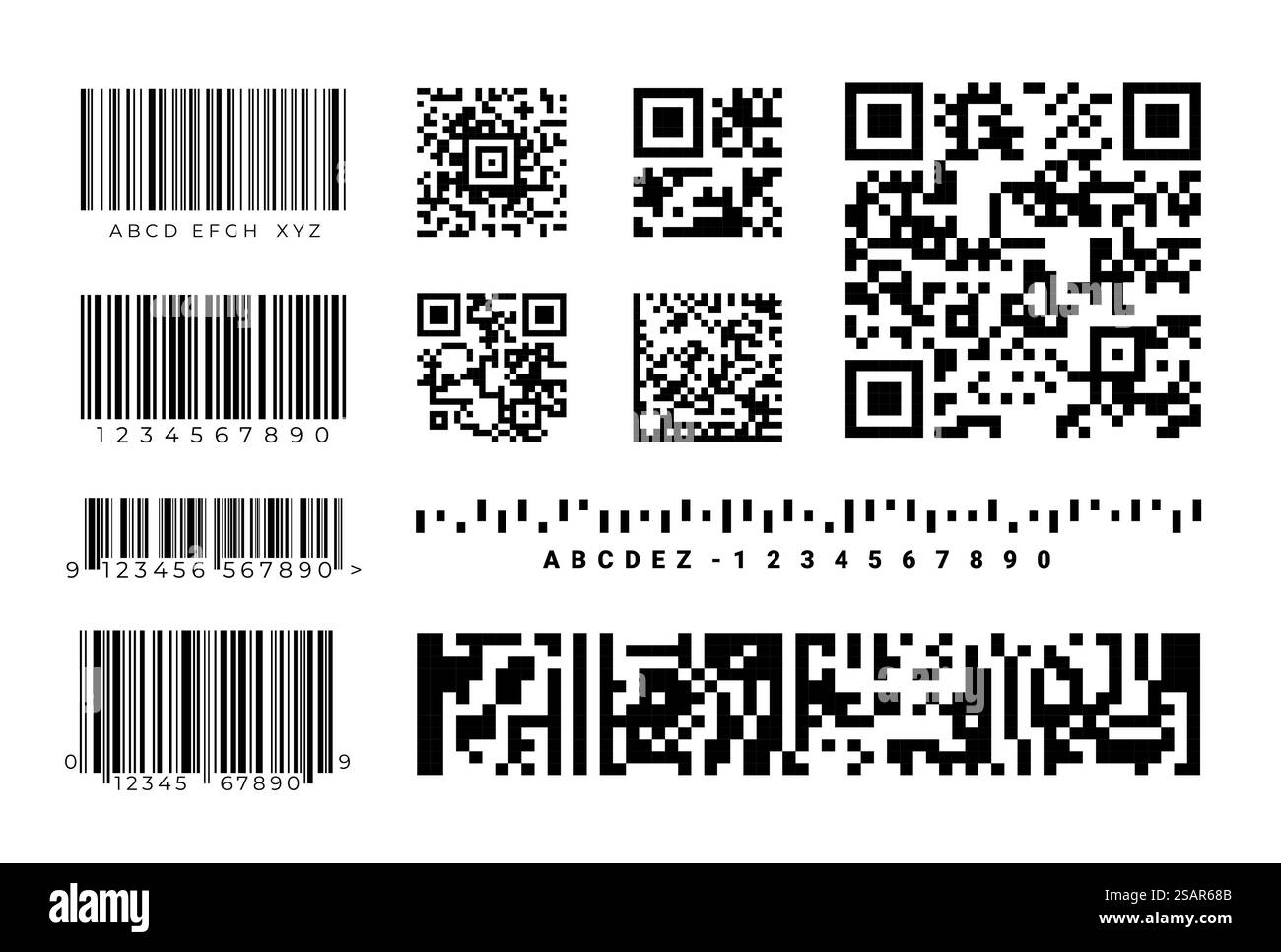 Barcodes. QR-code identification labels. Realistic retail inventory codes with graphic signs and numbers. Merchandise stickers mockup. Isolated price tag elements. Vector black and white badges set. Barcodes. QR-code identification labels. Realistic inventory codes with graphic signs and numbers. Merchandise stickers. Isolated price tag elements. Vector black and white badges set Stock Vector