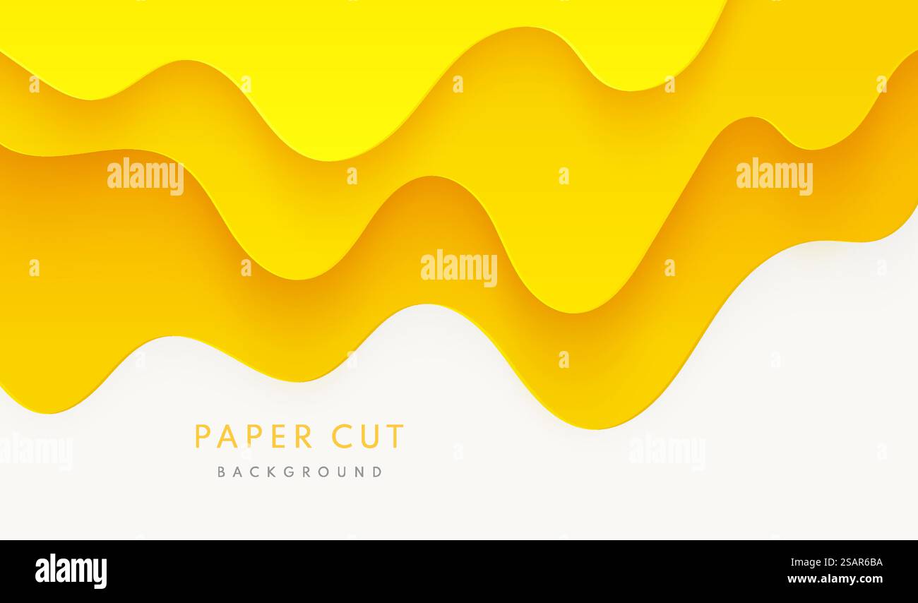 Abstract yellow orange paper cut wavy shapes layers on white background. Vector background with yellow honey or melting caramel syrup. Flow of sweet sticky liquid. Cheese flat cartoon design. Stock Vector