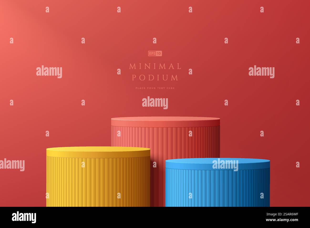 Abstract 3D room with set of steps realistic red, yellow and blue color ...