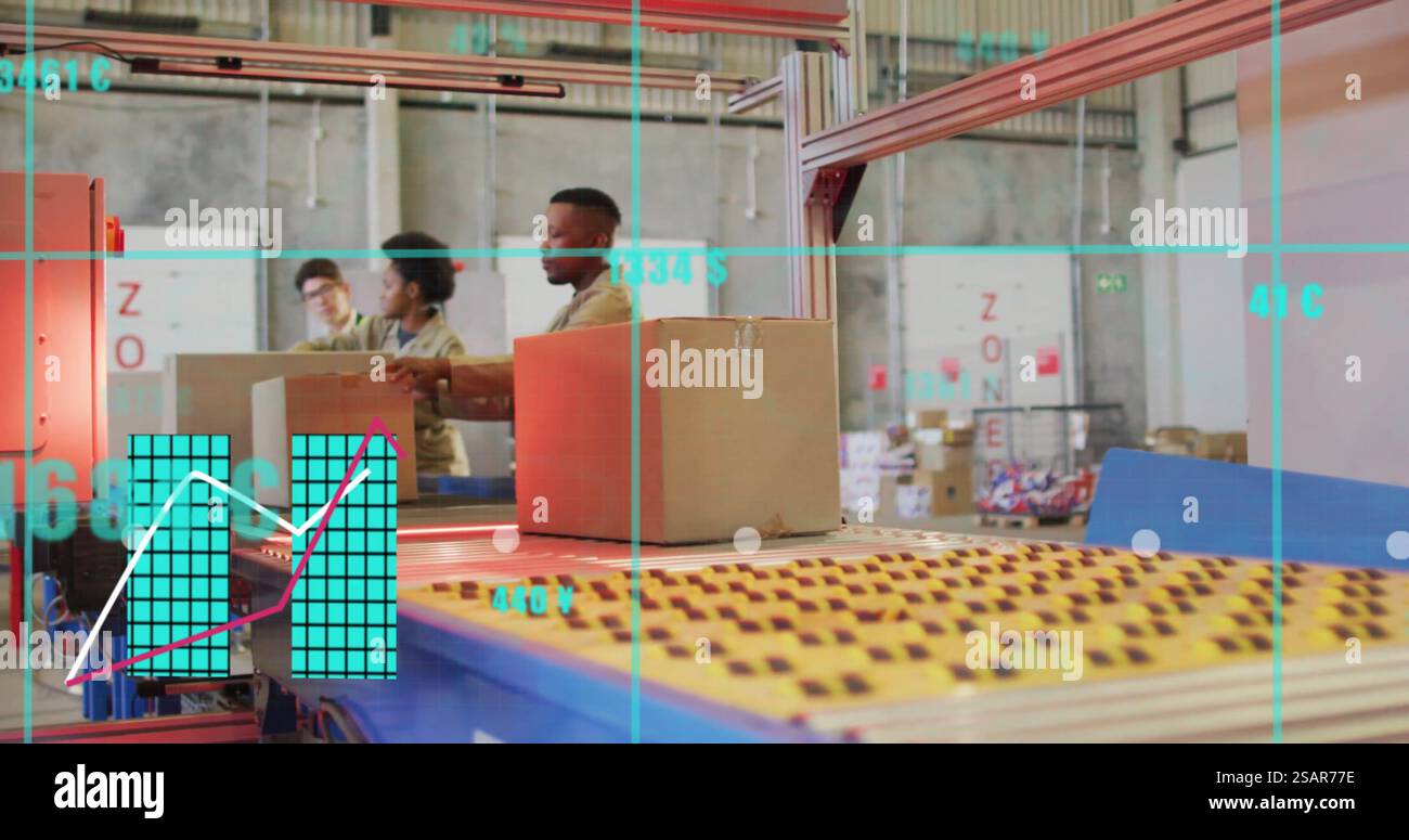 Image of financial data processing over diverse people working in ...