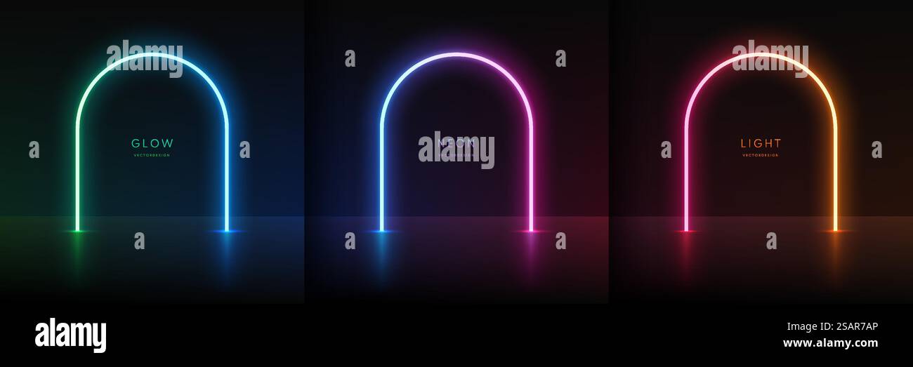 Set of blue green, red purple and orange yellow illuminate neon lighting lines background in arch shape. Abstract glowing lighting in futuristic style. Stand show product display. Vector stage podium. Stock Vector