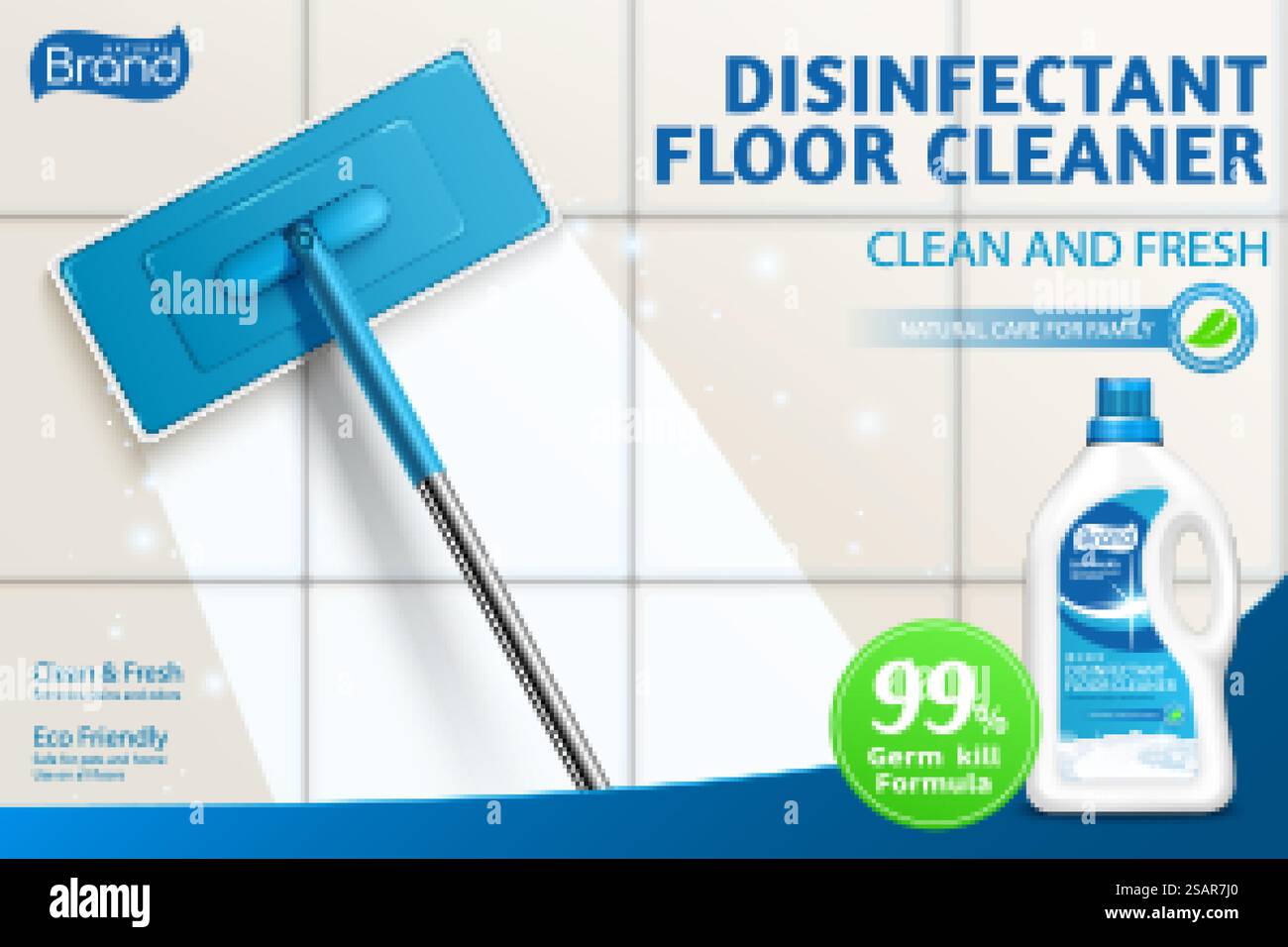 Ad template layout of bleach or floor cleaner. 3d illustration of mop cleaning dirty floor with detergent. Concept of clean shiny and no streak mopping.. Effective floor cleaner ad banner Stock Vector