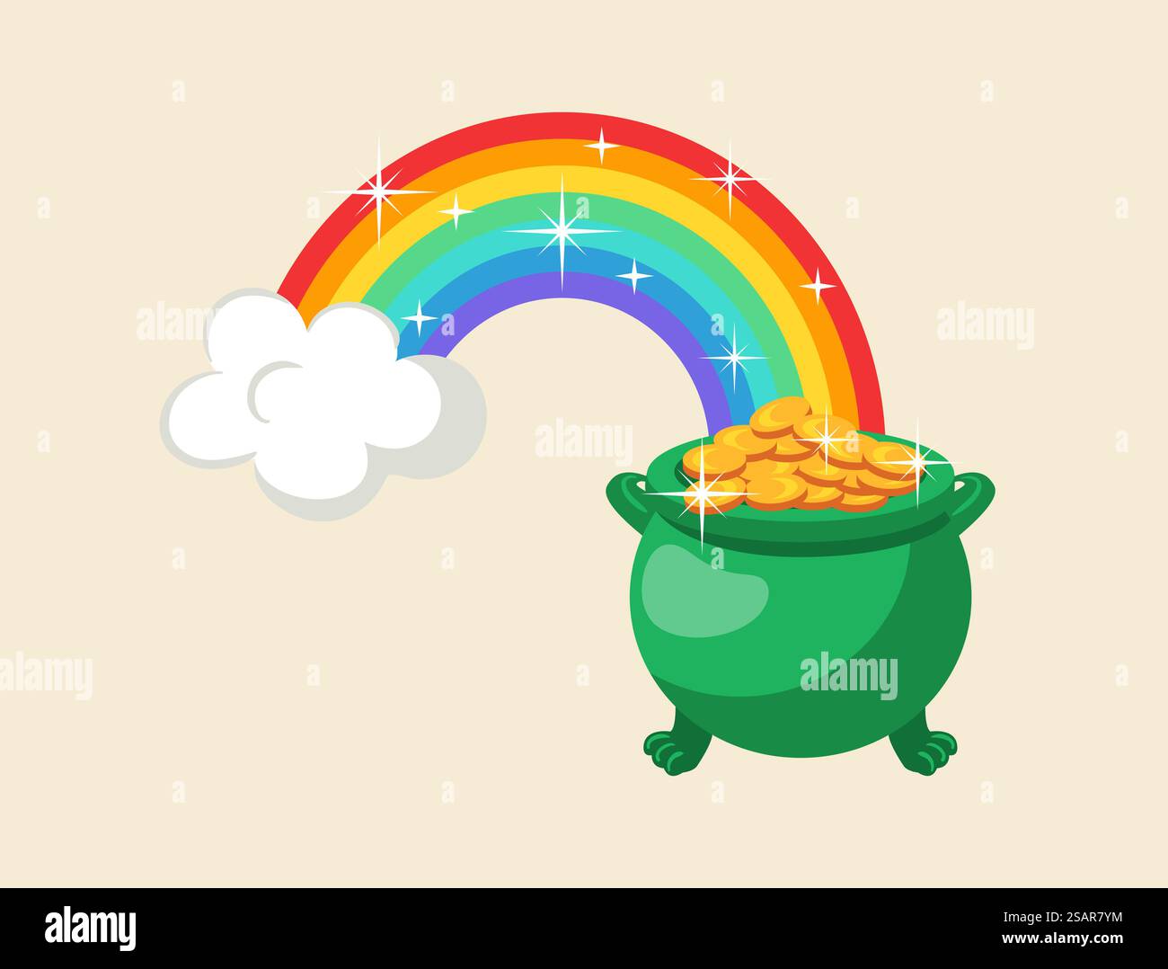 A whimsical vector illustration featuring a vibrant rainbow arching ...
