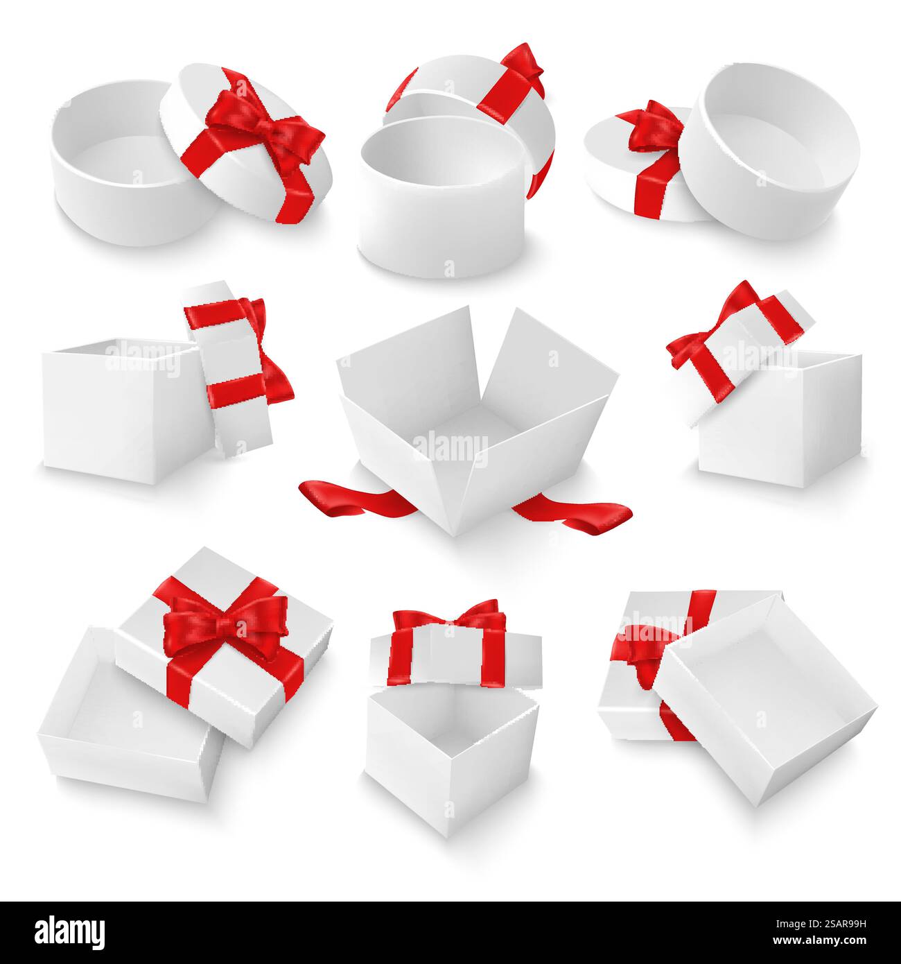 White open empty gift box mockup set, vector isolated illustration. Round and square boxes and lids with red bows and ribbons for Birthday, Christmas, Wedding or Valentine Day present packaging.. White open gift box mockup set, vector isolated illustration Stock Vector