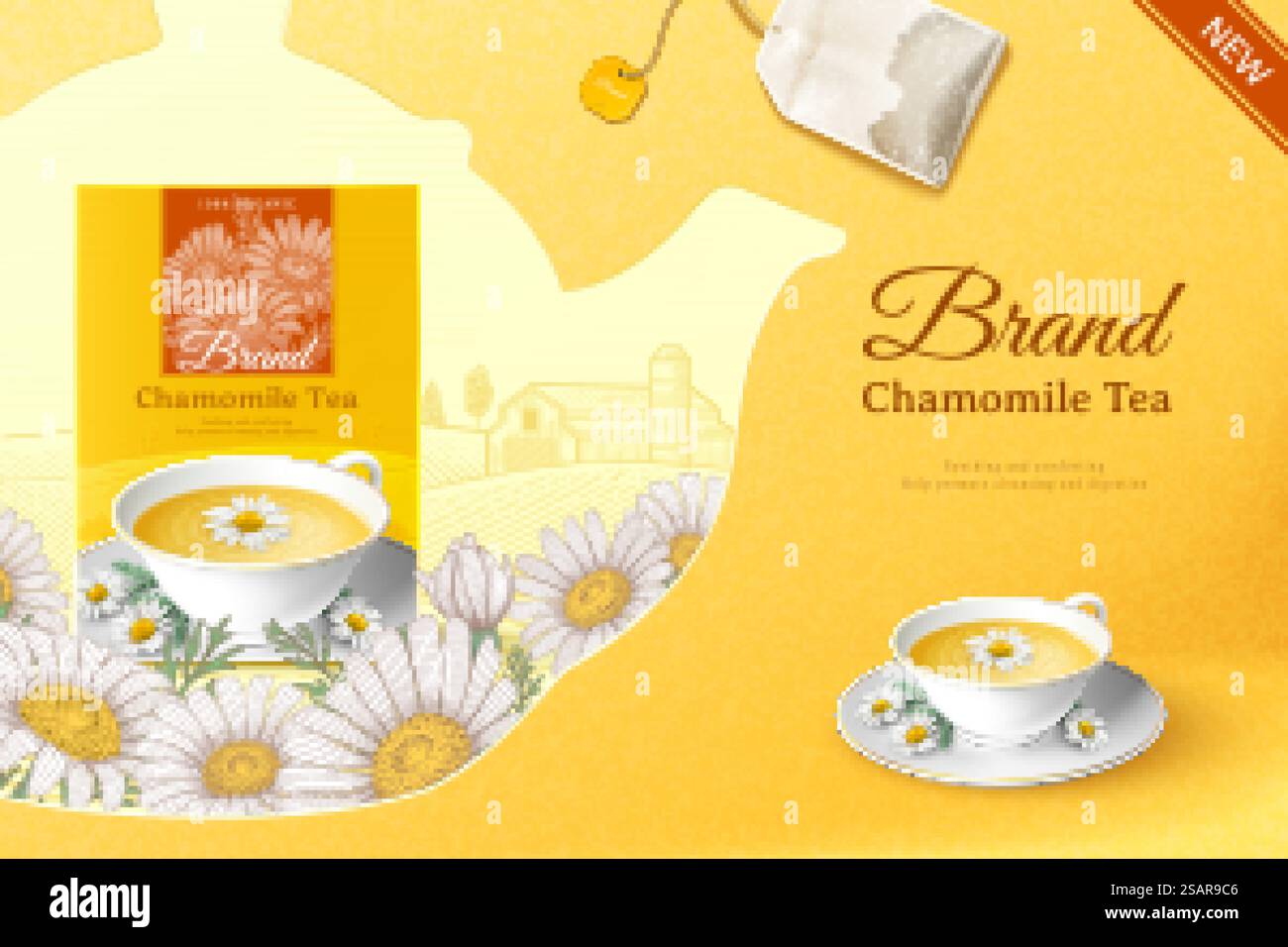 Chamomile tea bag promo Stock Vector