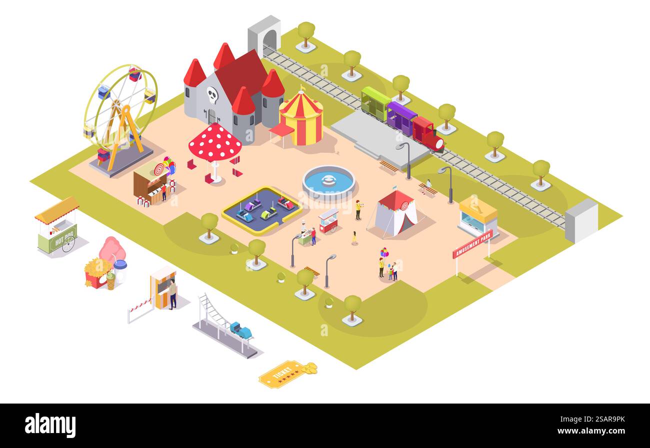 Amusement park vector flat isometric composition with carousel haunted ...