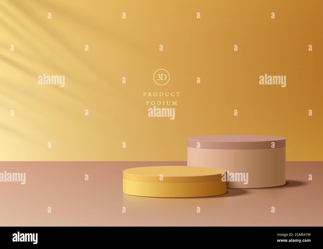 Abstract 3D room with realistic gold, pink gold cylinder stand podium set, Leaf shadow overlay background. Luxury minimal wall scene mockup product display. Vector geometric forms. Stage showcase. Stock Vector