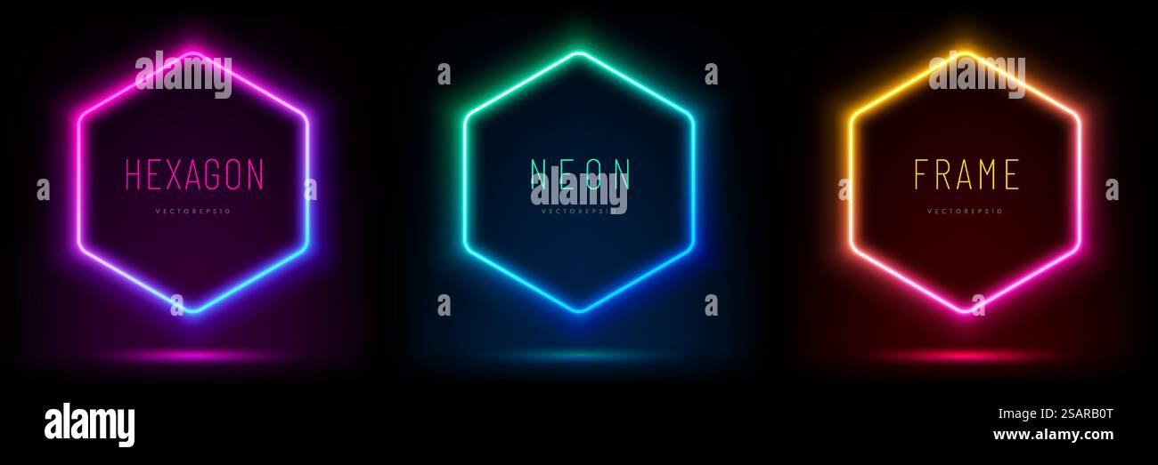 Set of pink-blue, red-purple, green illuminate hexagon frame design. Abstract cosmic vibrant color geometric backdrop. Collection of glowing neon lighting on dark background with copy space. Top view. Stock Vector