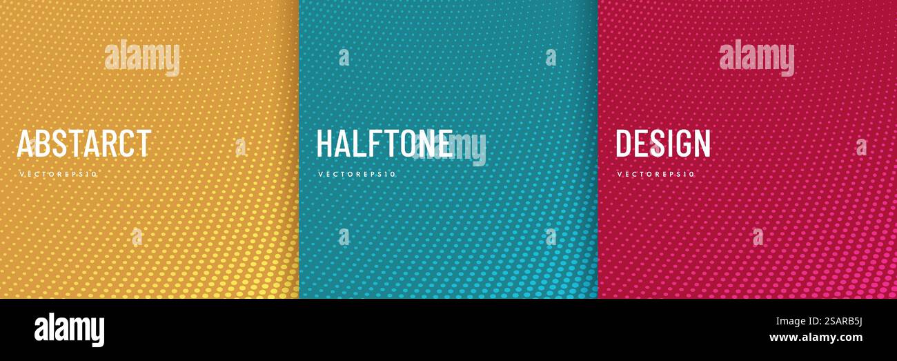 Set of abstract wave dots lines pattern with pink, blue, green, orange yellow background. Trendy color perspective halftone texture collection. Can use for cover, poster, banner web, flyer, Print ad. Stock Vector