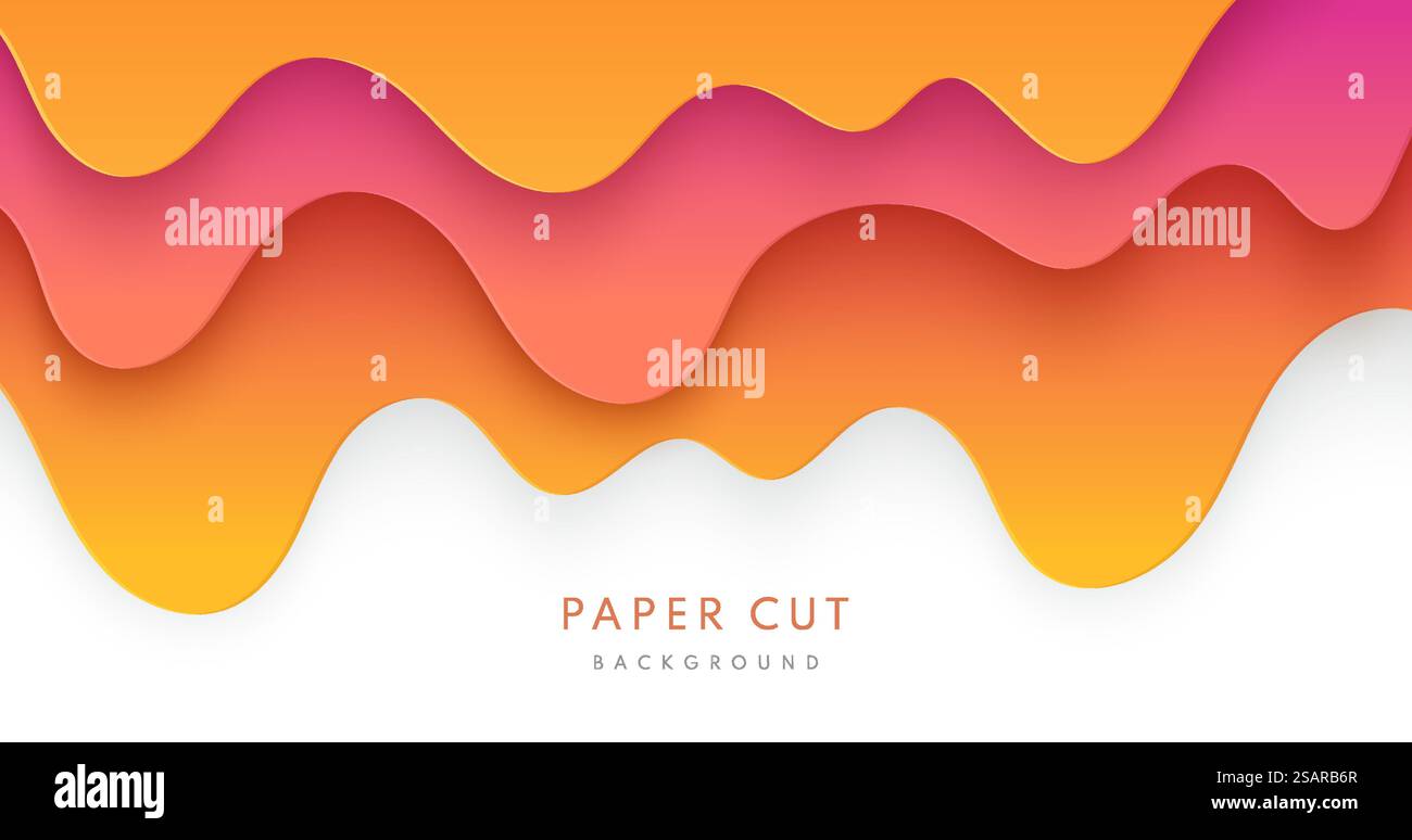 Abstract yellow, orange and sweet pink paper cut wavy shapes layers on white background. Vector background with yellow honey or melting caramel syrup. Flow of sweet sticky liquid. Vector illustration Stock Vector