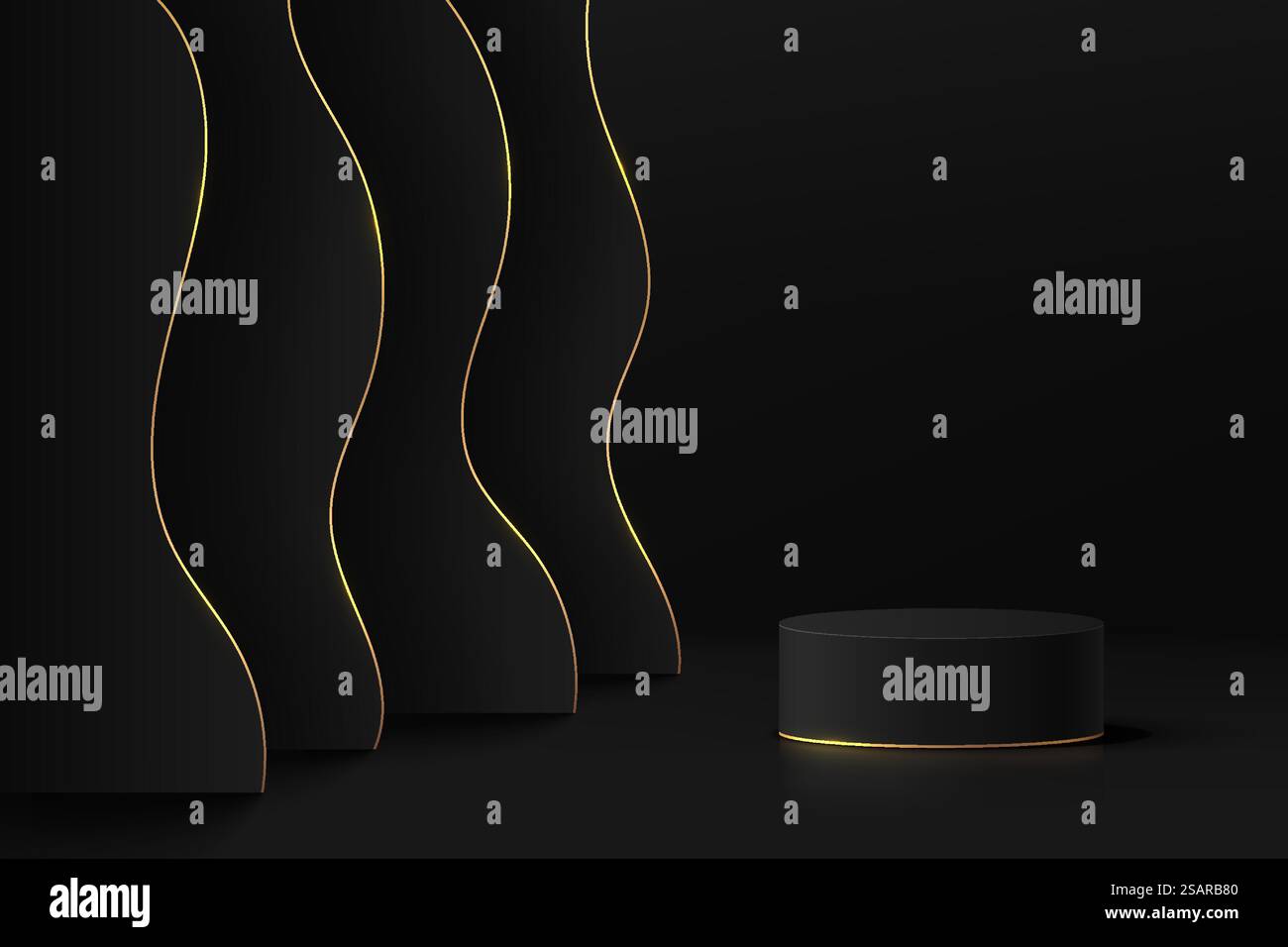 Abstract black 3D room with realistic black cylinder pedestal podium ...