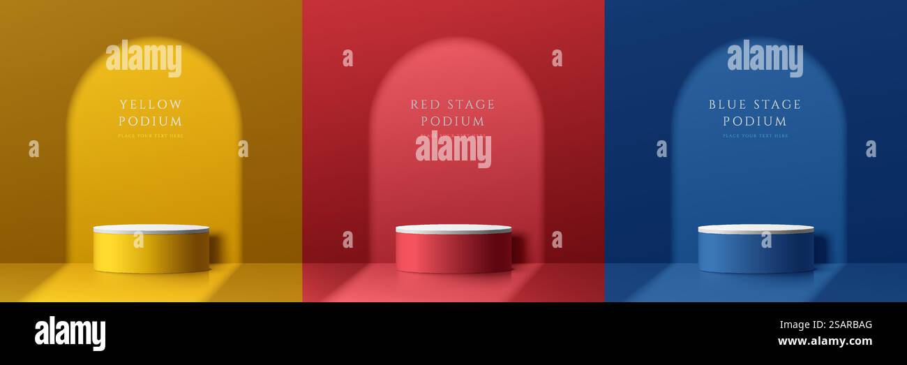 Set of abstract 3D room with yellow, dark blue and red realistic ...