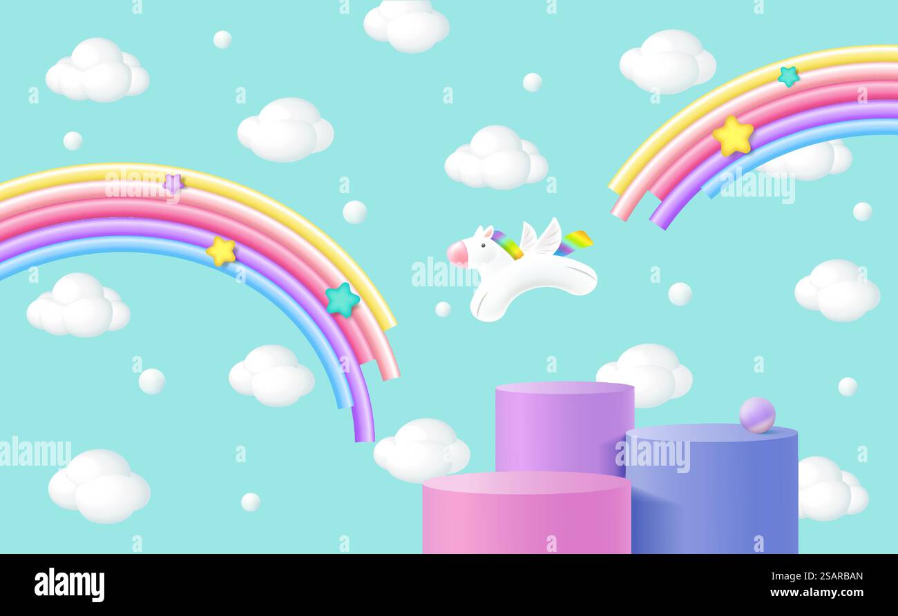 Unicorn seamless with many clouds and rainbows with the blue sky background. Stock Vector