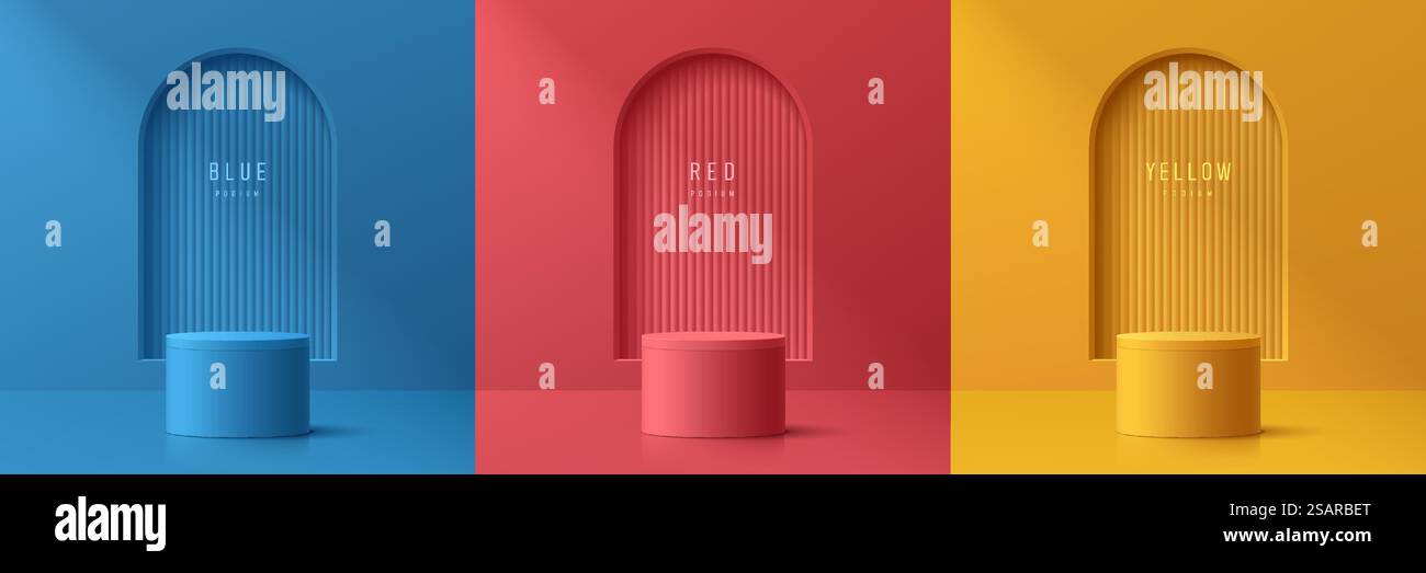 Set of abstract 3D room with yellow, blue, red realistic cylinder ...