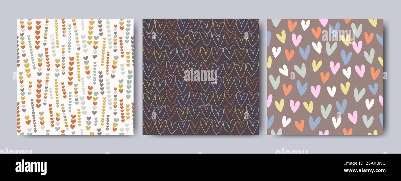 Vector seamless pattern with colored hearts, hand-drawn style used for ...