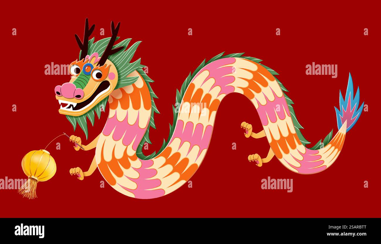 CNY playful retro pattern dragon with Chinese lantern on vibrant red ...