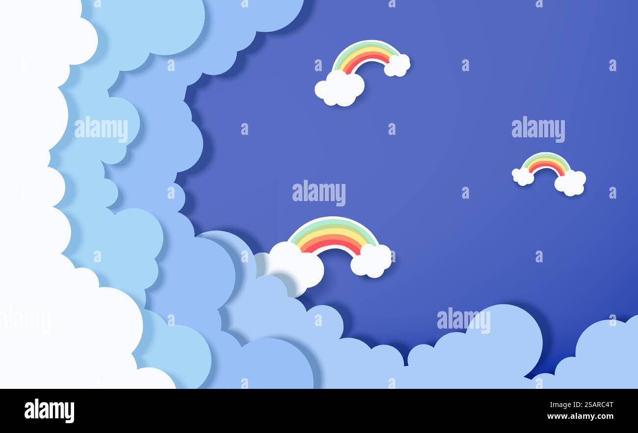 Beautiful fluffy clouds on blue sky background with rainbow. Vector illustration. Paper cut style. Place for text Stock Vector