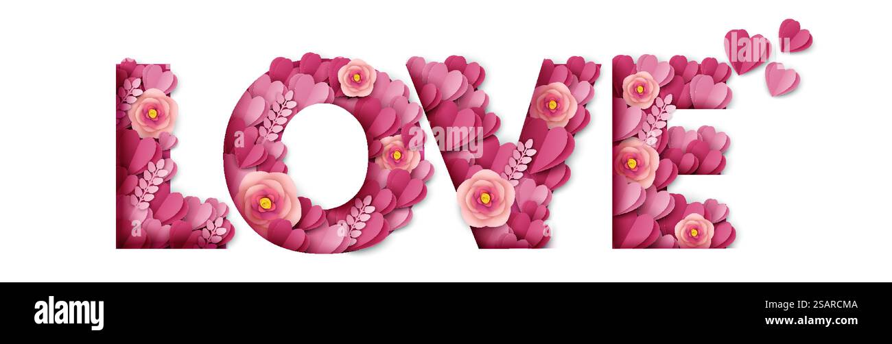Love word made of beautiful paper cut pink flowers and hearts. Romantic floral greeting card, invitation design. Vector illustration in paper art style. Love stylized typography banner template.. Love word made of beautiful paper cut pink flowers and hearts, vector illustration. Love typography banner template. Stock Vector