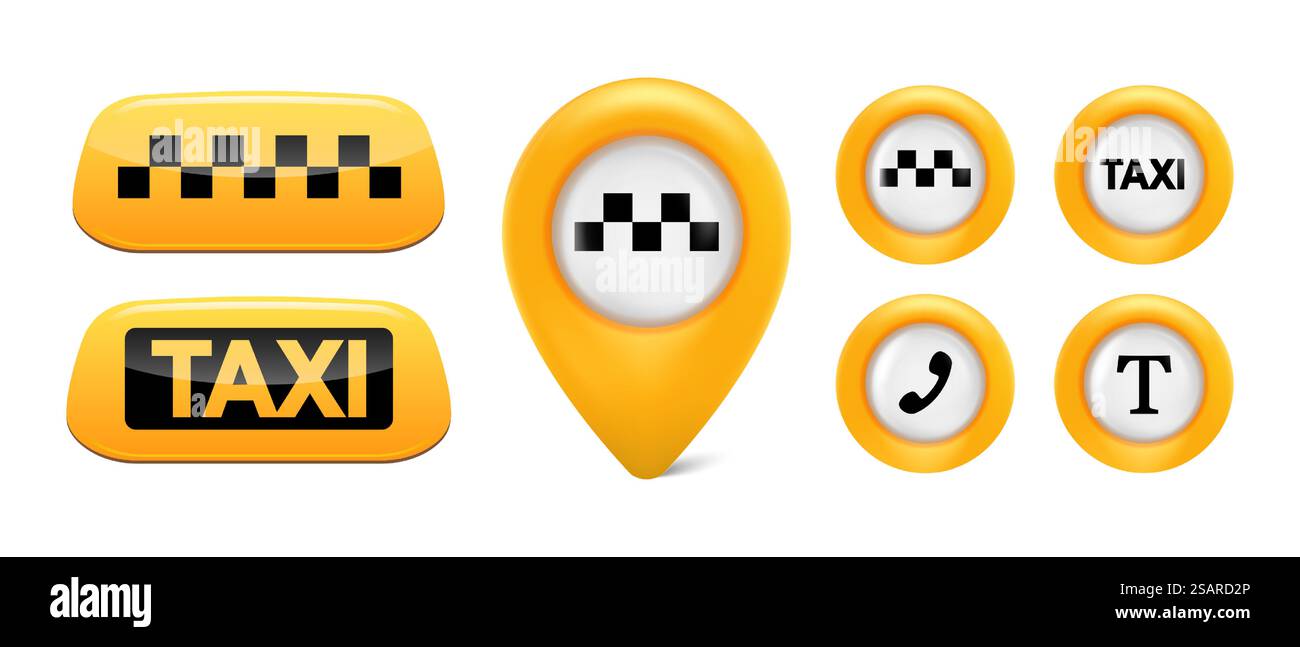 Taxi service vector signs. Yellow taxi icon set. Transport elements. Vector illustration Stock Vector