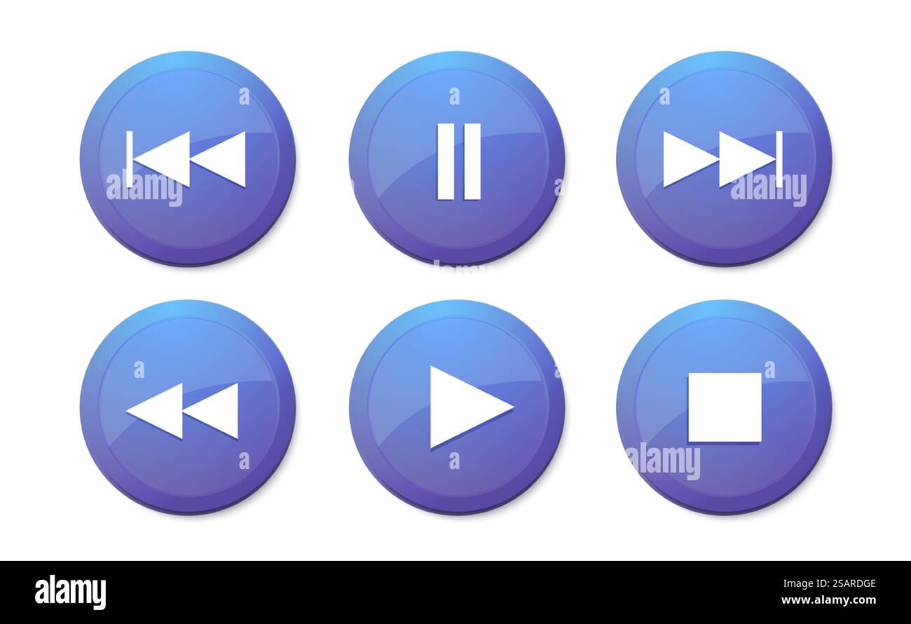 Online music player vector buttons. Modern design ui play stop button. Blue graphic interface isolated button set. Video app click icons on white background. Playlist control signs Stock Vector