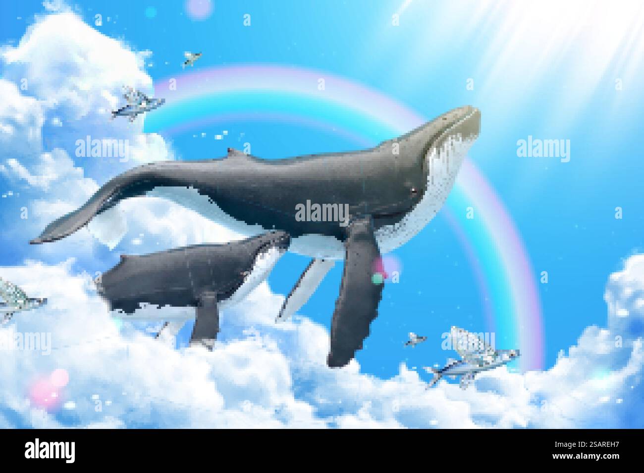 Humpback whales swimming among clouds with flying fish, 3d illustration. Whales swimming in blue sky Stock Vector