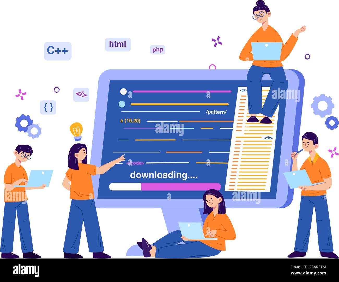 Website software developing, app programmers team concept. Code engeneers programming on computer vector illustration. Programmers and software developers. Software programmer development. Website software developing, app programmers team concept. Code engeneers programming on computer vector illustration. Programmers and software developers Stock Vector