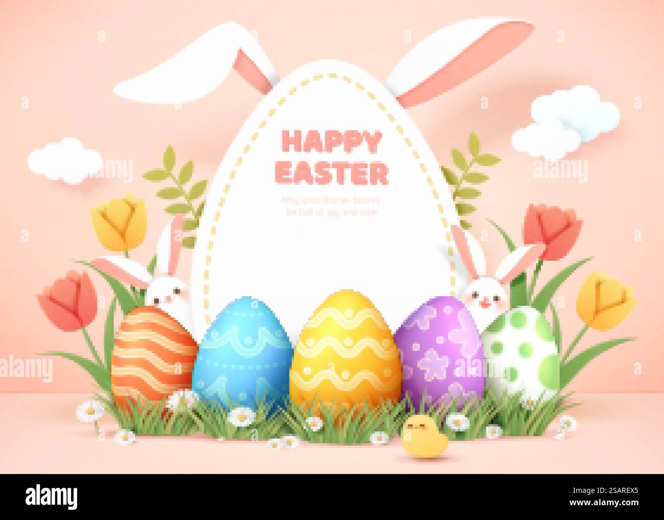 3d Easter greeting card of egg hunt tradition. Cute rabbits hiding in beautiful painted egg ornaments.. 3d Easter egg background Stock Vector
