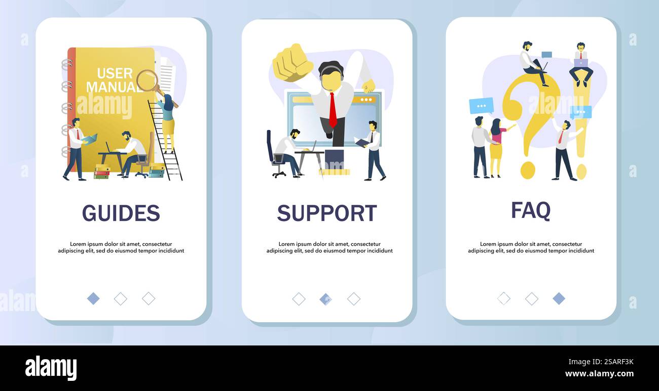 Guides, Support, FAQ mobile app onboarding screens. Menu banner vector ...