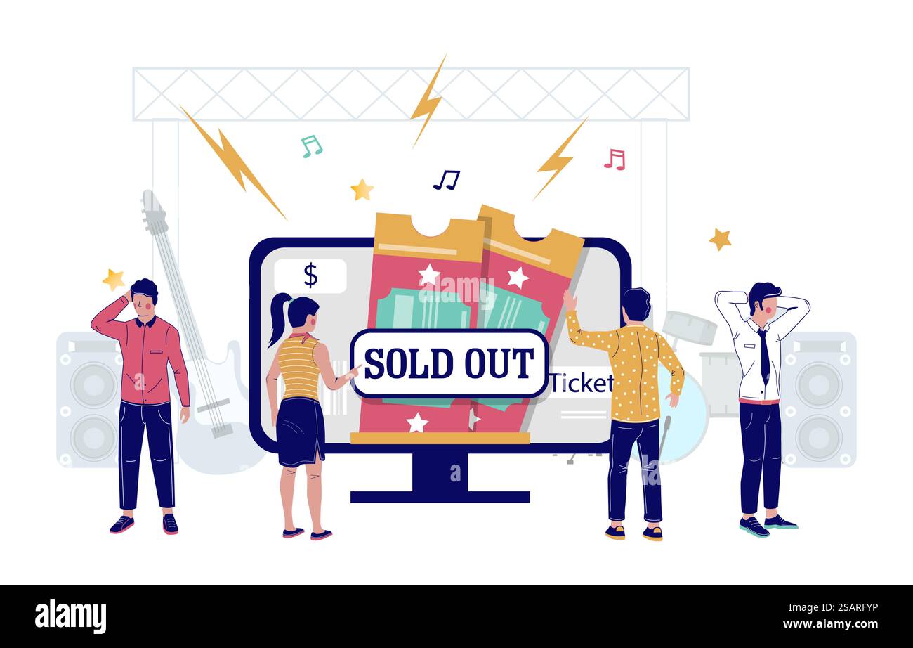 Concert tickets sold out concept vector flat illustration. Disappointed ...