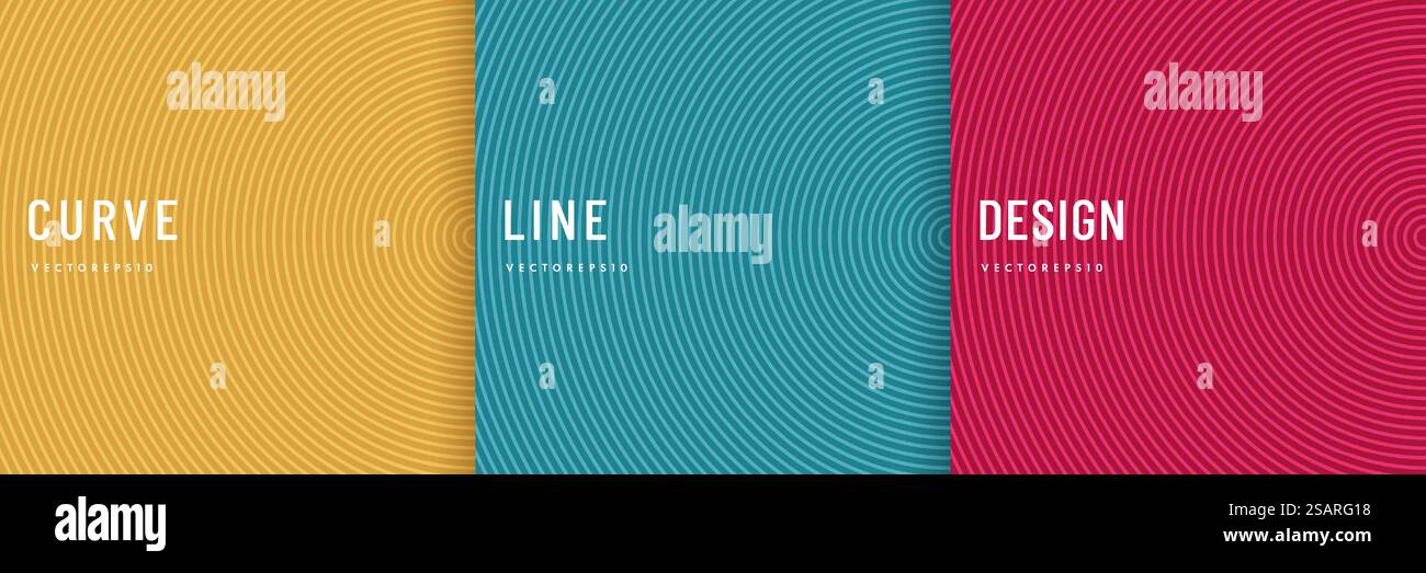 Set of abstract curve round lines pattern with pink, blue, green, orange yellow background. Trendy color stripes texture collection design. Can use for cover, poster, banner web, flyer, Print ad. Stock Vector