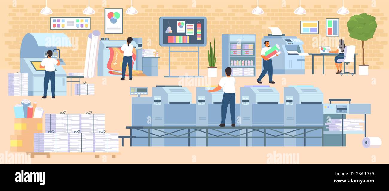 Polygraphy business and industry with various type of printing machine vector illustration. Workers team human characters using modern equipment in publishing company. Polygraphy industry with various type of printing machine vector illustration Stock Vector