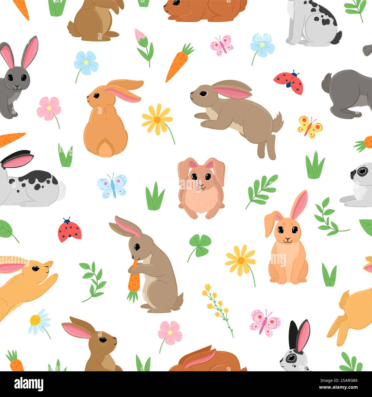 Cartoon spring easter rabbits and flowers seamless pattern. Traditional ...